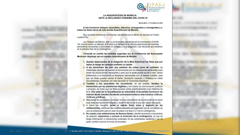 Dispensados quienes no quieran asistir a misas dominicales por coronavirus: Arquidiócesis de Morelia - Foto 0 