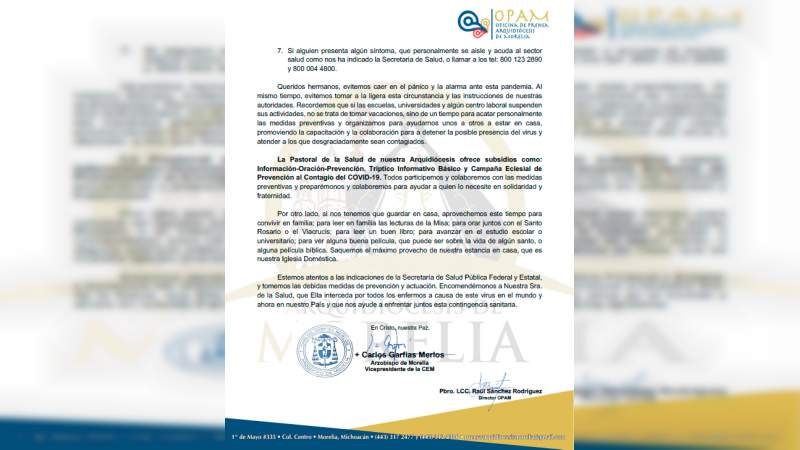 Dispensados quienes no quieran asistir a misas dominicales por coronavirus: Arquidiócesis de Morelia - Foto 1 