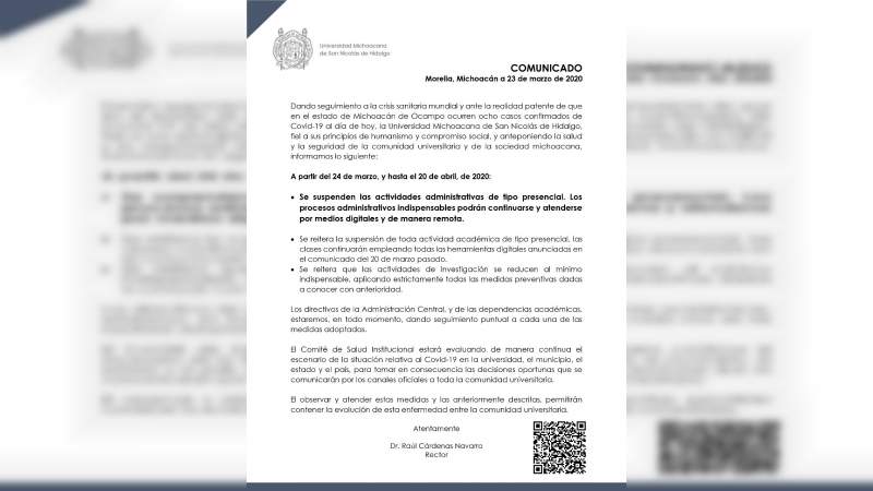 Se suspenden las actividades administrativas de tipo presencial en la UMSNH 