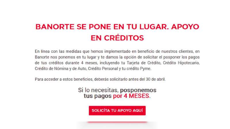 Banorte anuncia apoyo a sus clientes por coronavirus: postergará 4 meses pagos en sus créditos - Foto 0 