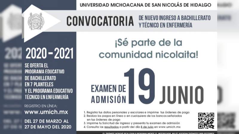 Abren convocatoria para bachillerato, técnico en enfermería y, licenciaturas en UMSNH 