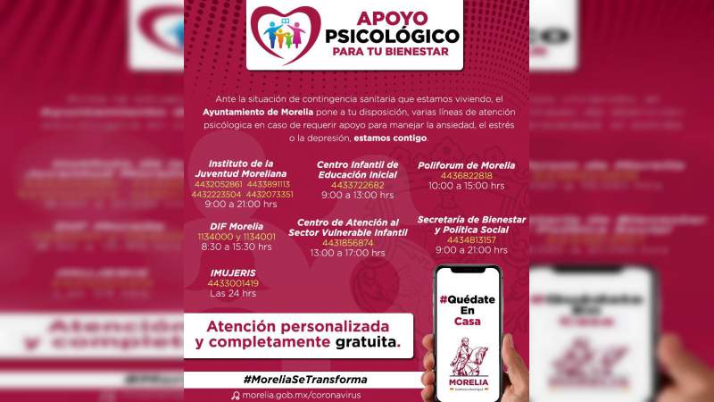 Apertura Gobierno de Morelia líneas de atención psicológica ante COVID-19 