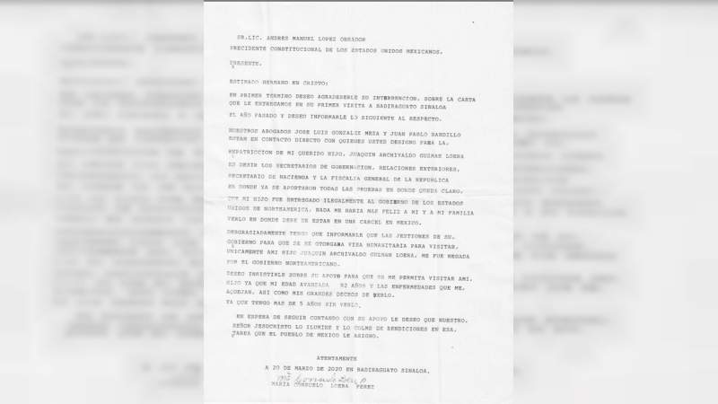 Nueva carta de la mamá de El Chapo a López Obrador, es para repatriar al capo 