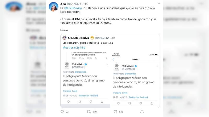 FGR reconoce que envió mensaje agrediendo a usuaria de Twitter por criticar a López Obrador - Foto 2 
