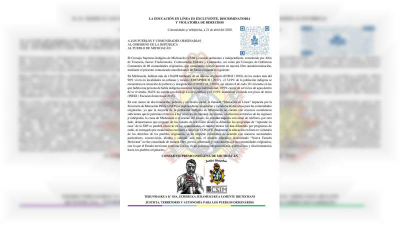 La educación en línea es improcedente, inoperante y violatoria de derechos para las comunidades originarias: Consejo Indígena 