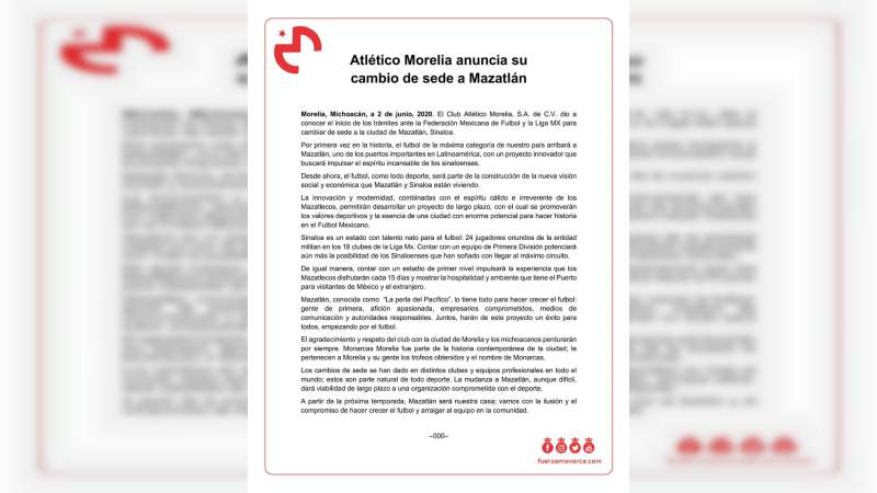 Monarcas Morelia lo hace oficial, anuncian la salida del equipo ahora jugara en Mazatlán 
