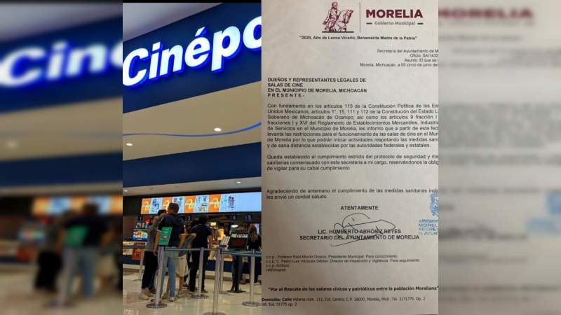 Avala Gobierno de Morelia reapertura de salas de cine