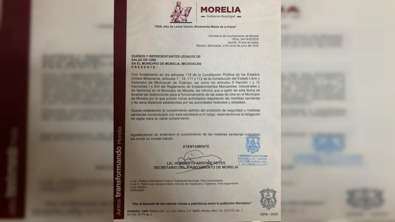 Avala Gobierno de Morelia reapertura de salas de cine