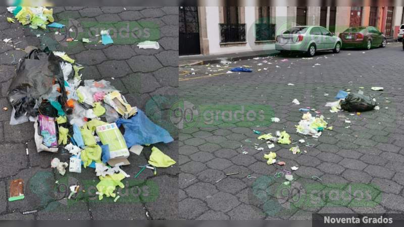 Arrojan cubrebocas, guantes y desechos médicos a calles del Centro Histórico de Morelia