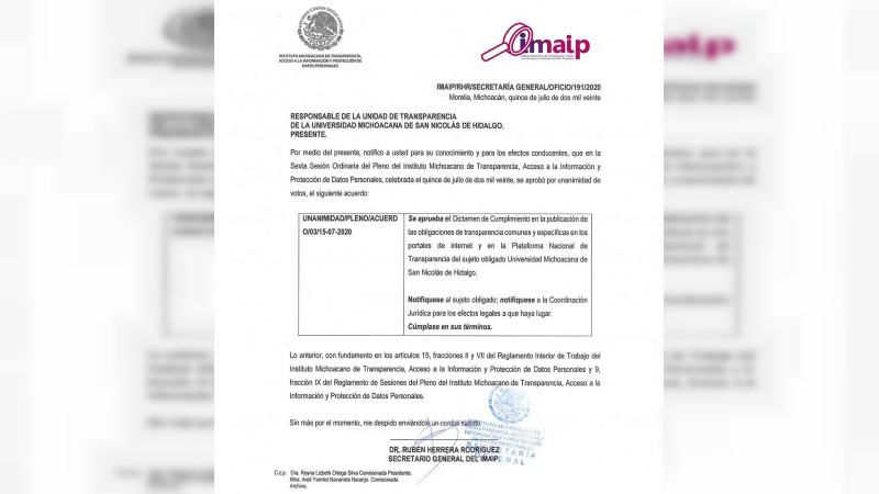 ¡Lo logró la Universidad Michoacana! Transparenta todo al 100 por ciento”