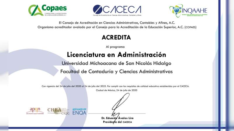 CACECA acredita los programas de Licenciatura en Contaduría y Administración de la Universidad Michoacana de San Nicolás de Hidalgo
