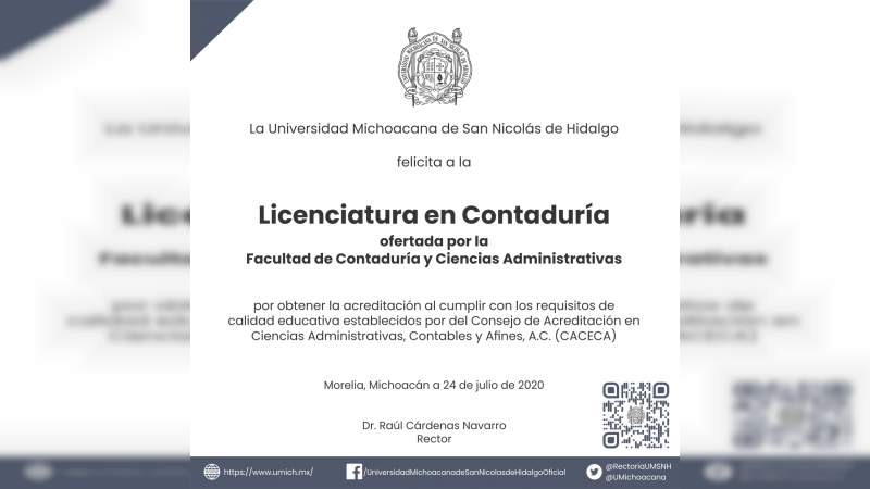 CACECA acredita los programas de Licenciatura en Contaduría y Administración de la Universidad Michoacana de San Nicolás de Hidalgo