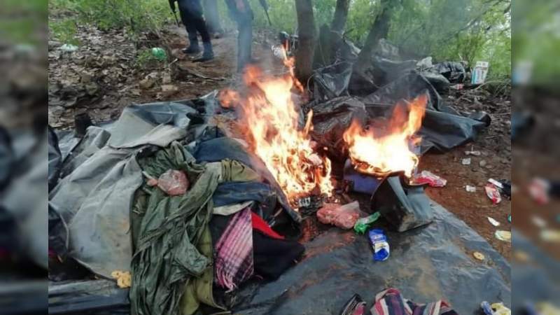 Destruyen campamento implicado en actividades ilícitas en Coalcomán, Michoacán 