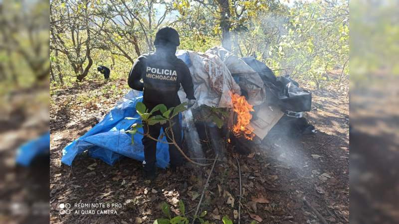 Detienen en Salvador Escalante, Michoacán a seis personas, aseguran autos, armas y destruyen  un narcocampamento