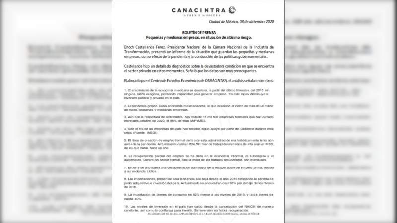 Pequeñas y medianas empresas en situación de ‘altísimo’ riesgo, advierte presidente nacional de Canacintra