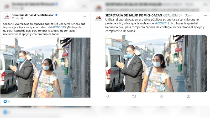 Secretaría de Salud de Michoacán promueve en redes el mal uso del cubrebocas