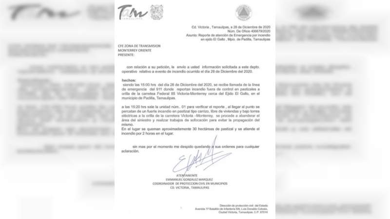 CFE usó documento falso para justificar apagón masivo: PC Tamaulipas desconoce incendio, oficio y firma 