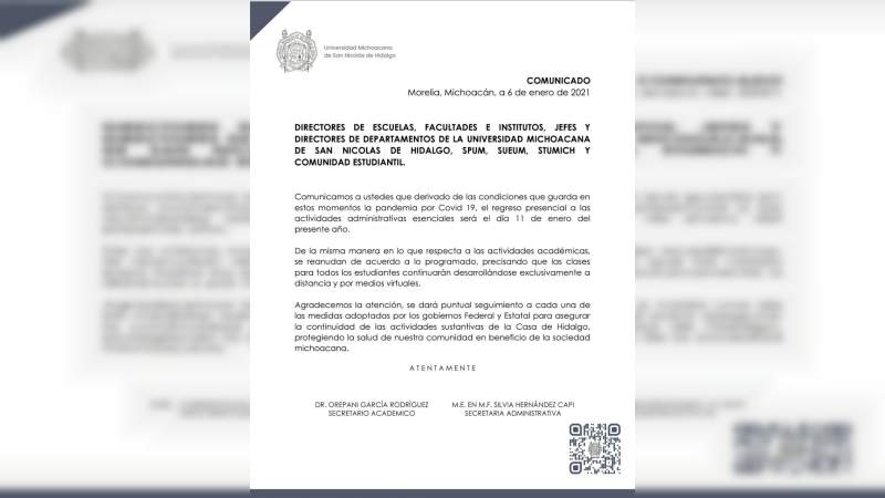 UMSNH informa que continuarán las clases a distancia 