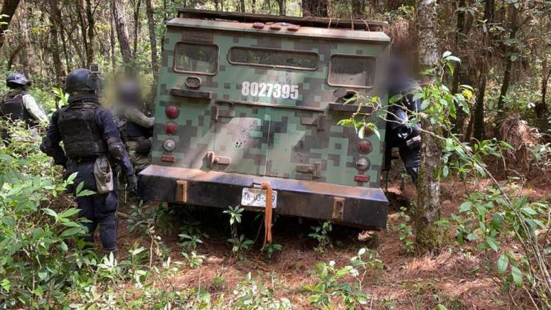 Aseguran camión blindado, camioneta y desmantelan campamento, en Salvador Escalante 