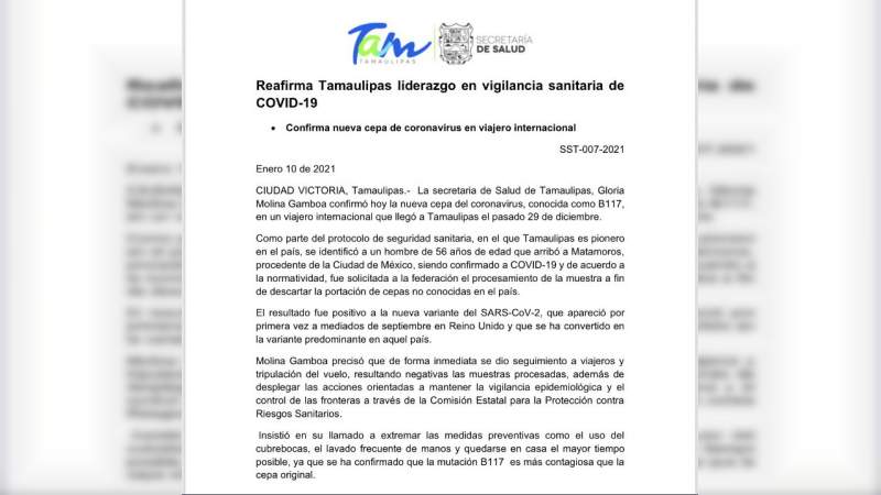 Detectan en Tamaulipas primer caso de la nueva cepa de coronavirus: Un viajero procedente de la CDMX 