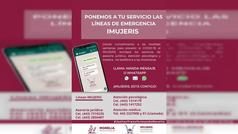 Activa Líneas de Emergencia IMUJERIS para brindar atención a las morelianas 