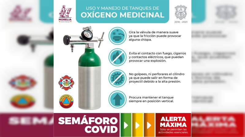 Emite Gobierno de Morelia recomendaciones para el manejo adecuado de tanques de oxígeno