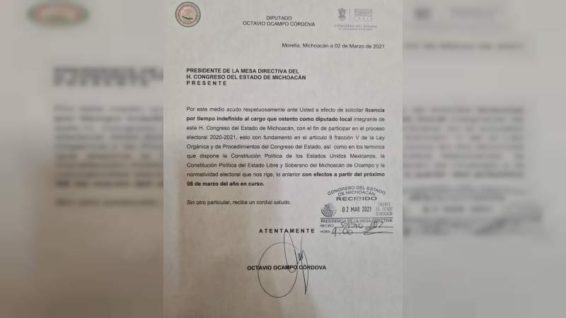  Oficializa Octavio Ocampo su licencia para ausentarse como diputado local 