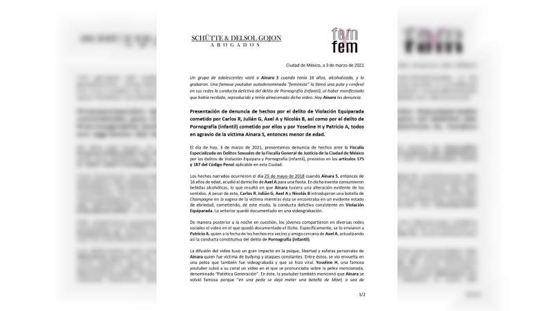 Esta es la denuncia presentada ante Fiscalía Especializada en Delitos Sexuales en contra de YosStoP y cuatro personas más 