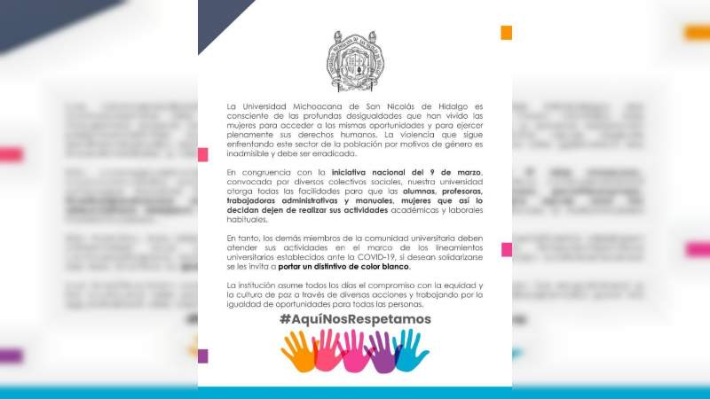 La UMSNH solidario con las mujeres, apoya el paro de labores este 9 de marzo 