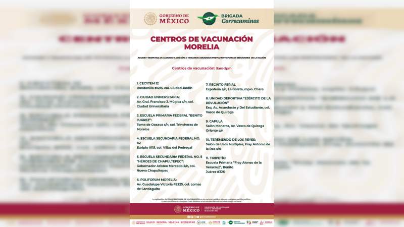 Vacunación a adultos mayores en Morelia, en orden y con previo registro: Bienestar Michoacán 
