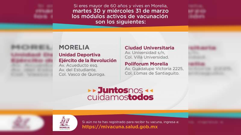 Continua la vacunación de adultos mayores en Morelia  