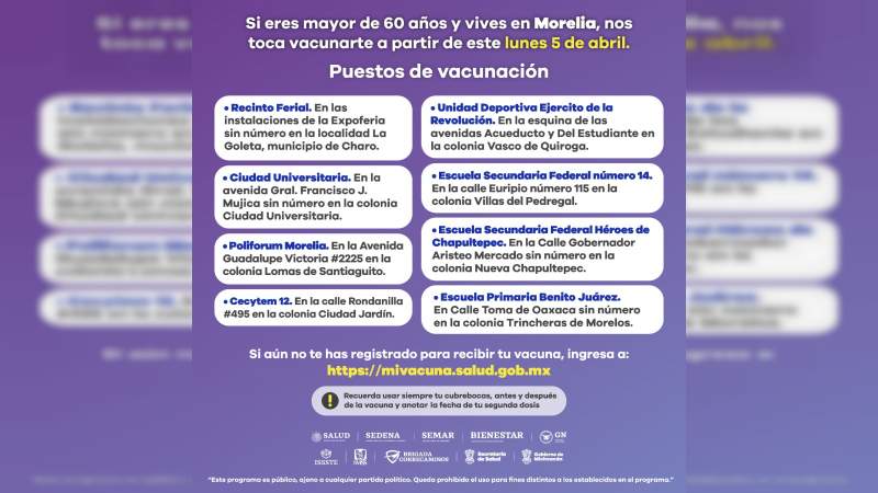 Este lunes se reanuda vacunación contra COVID-19 en Morelia a adultos mayores 