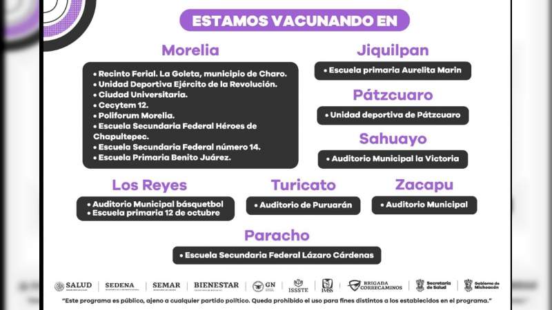 Se reabre jornada de inmunización anti COVID-19 en 8 municipios de Michoacán  