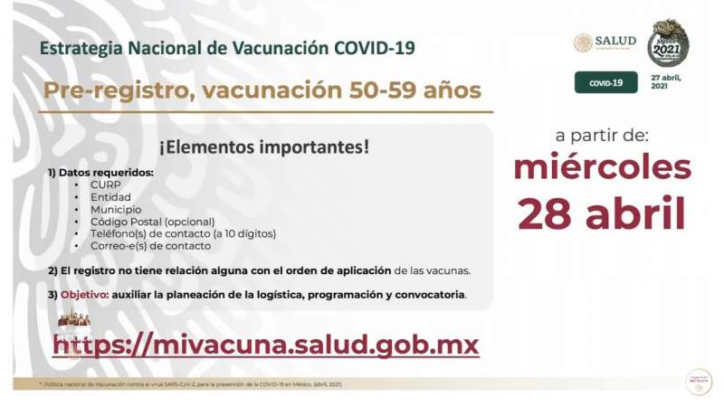 Pre-registro para vacunación a personas de 50 a 59 años ...