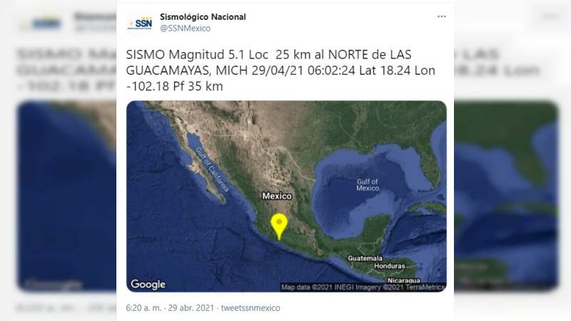 Se registra sismo de 5.1 grados en  Michoacán 