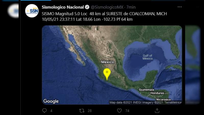 Según actualización fue de 5 grados el sismo registrado en Michoacán 