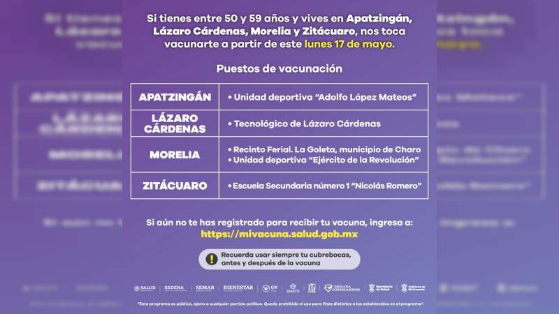 Este lunes inicia vacunación contra COVID-19 a personas de 50 a 59 años, en 4 municipios más 