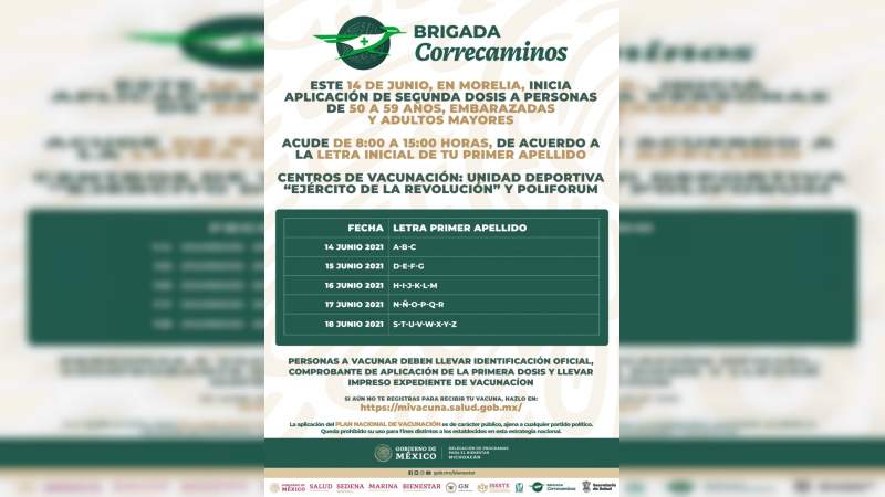 Este lunes inicia aplicación de segunda dosis a personas de 50 a 59 años en Morelia 