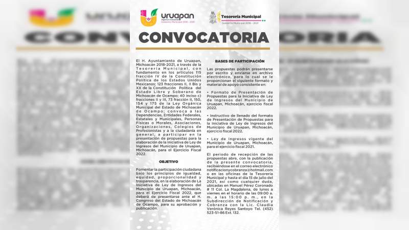 Convoca Gobierno de Uruapan participar en la presentación de propuestas para Iniciativa de Ley de Ingresos  