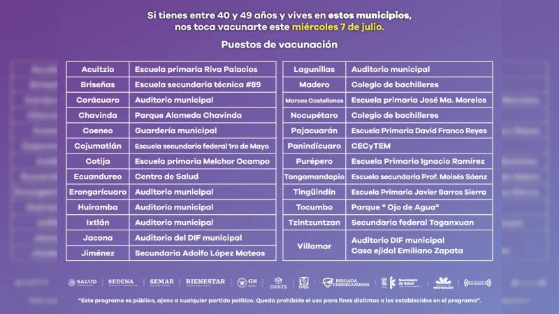 Inicia el miércoles vacunación a población de 30 a 39 años, en 20 municipios
