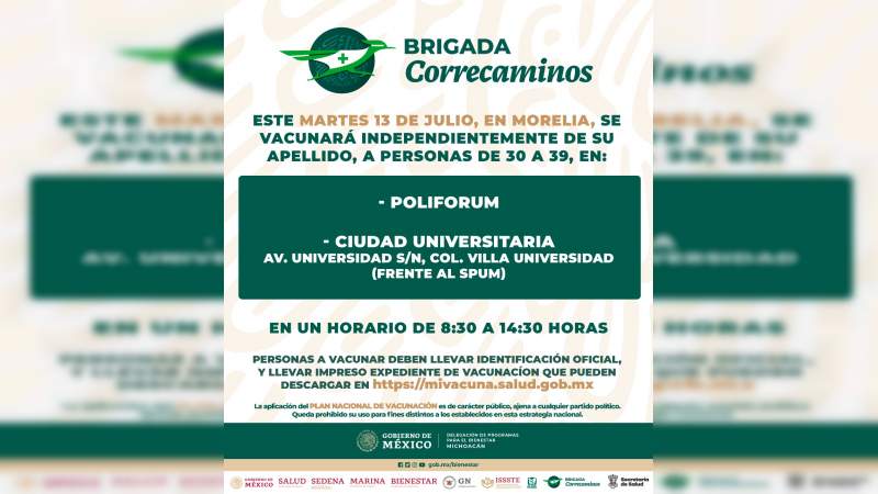 Mañana inicia vacunación a personas de 30 a 39 años en Morelia 