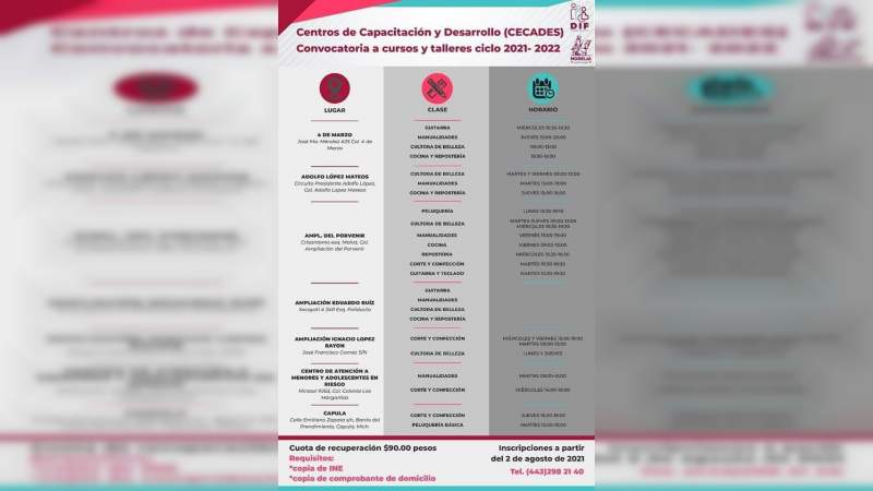 Abre DIF Morelia, inscripciones a cursos en Centros de Capacitación y Desarrollo 