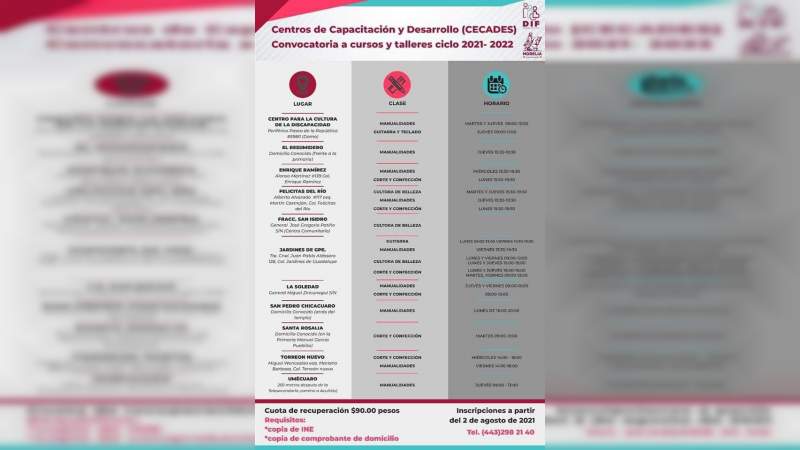 Abre DIF Morelia, inscripciones a cursos en Centros de Capacitación y Desarrollo 