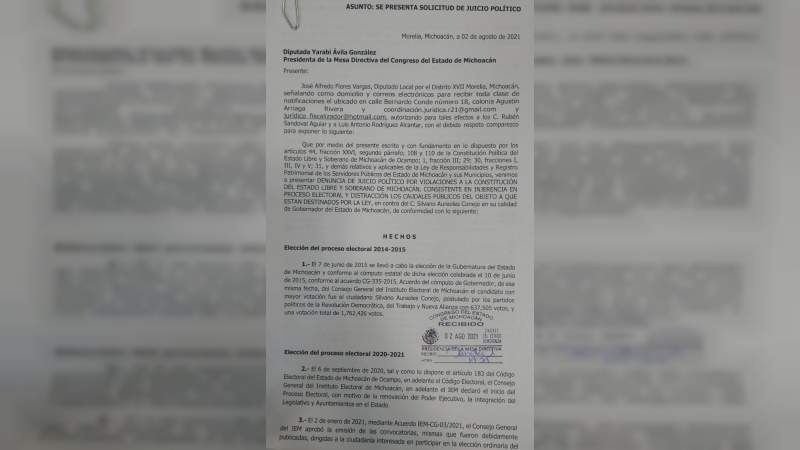 Recibe Congreso de Michoacán, solicitud de juicio político contra Silvano Aureoles  