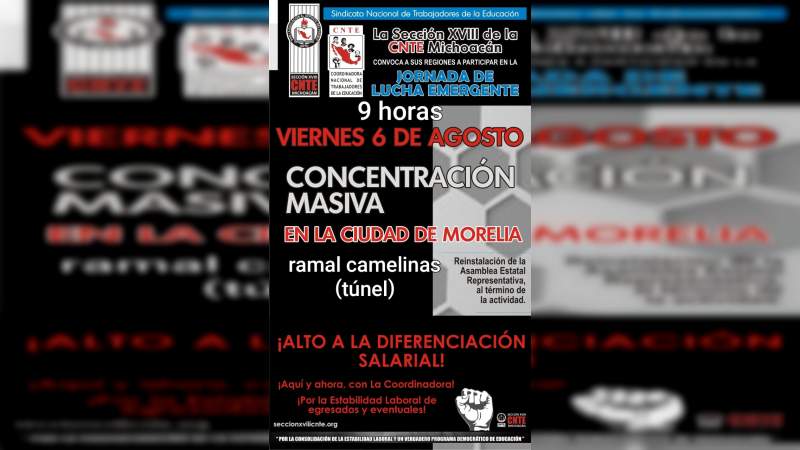 Anuncia CNTE concentración masiva en "ramal" camelinas, en Morelia 