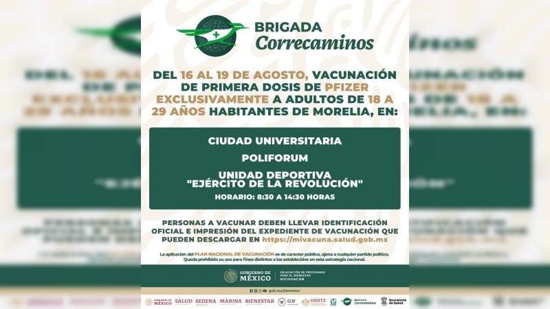 Este lunes inicia vacunación contra Covid-19 de personas de 18 a 29 años y mujeres embarazadas en Morelia  