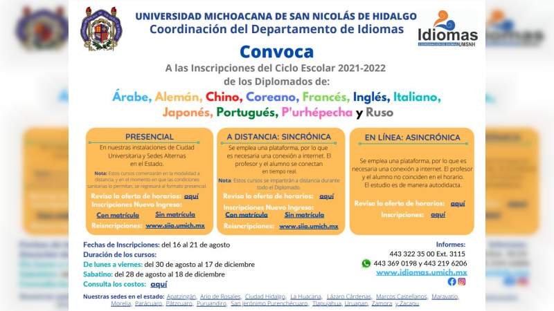 Abiertas las inscripciones para idiomas en la UMSNH  