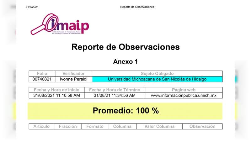 Alcanza UMSNH el 100% en materia de transparencia: IMAIP