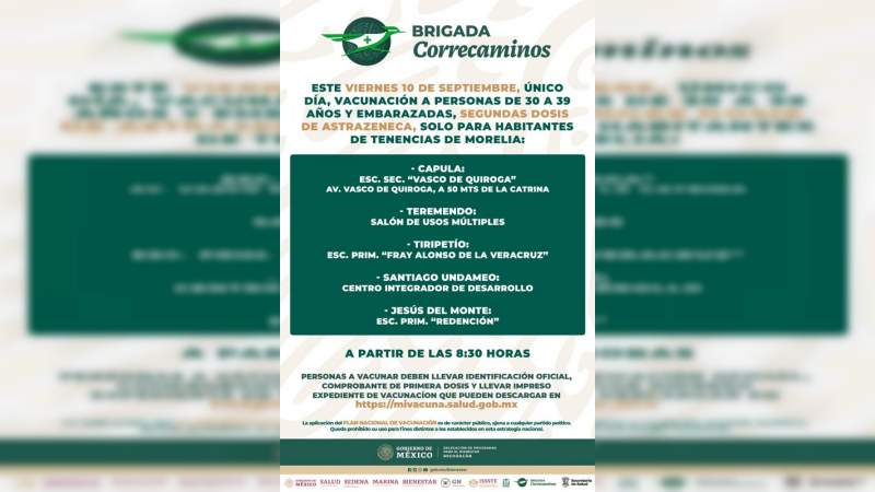 Este viernes, segunda dosis de AstraZeneca en tenencias de Morelia, Michoacán 
