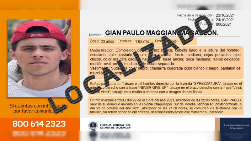 Localiza Fiscalía General a joven reportado como desaparecido en Morelia 